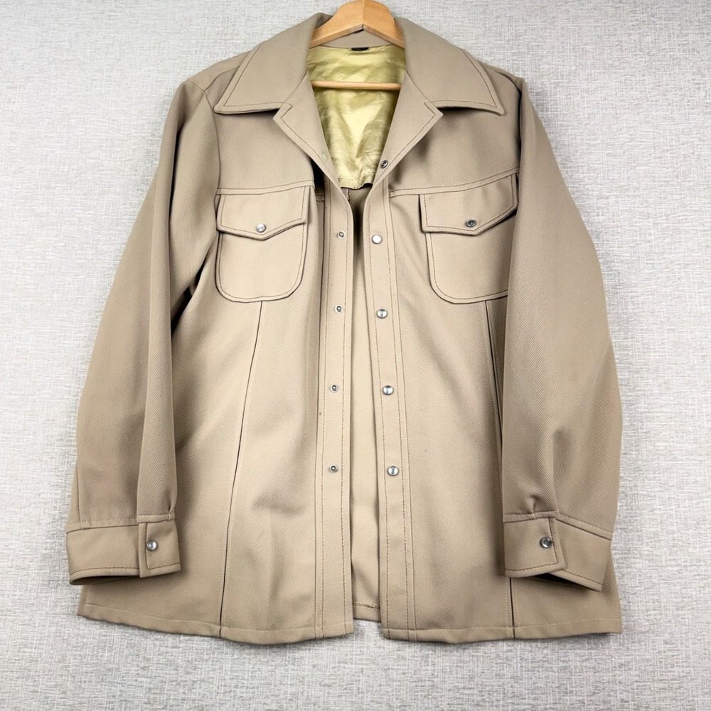 Vintage Sears Kings Road Tan Pearl Snap Button Up Shirt Jacket Mens Large 70s